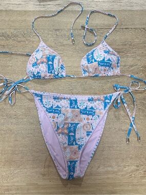 Floral Patchwork Tie-Side Bikini Set in Pink and Blue